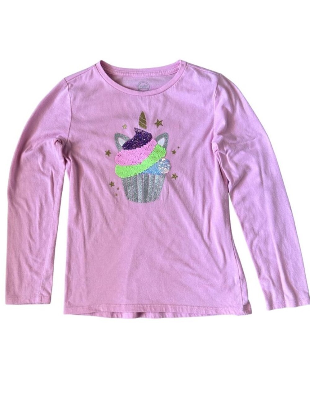 Pink Sequin Unicorn Cupcake Shirt, long sleeves, M(7/8)